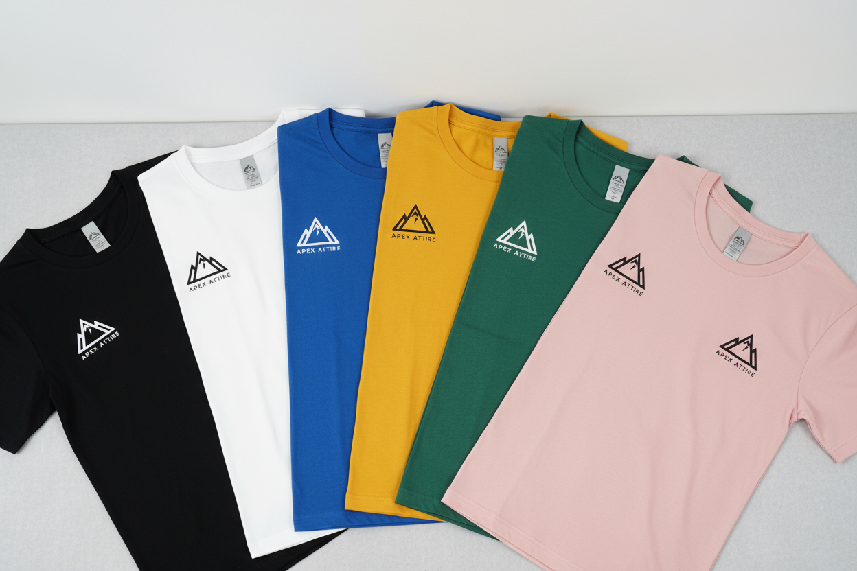 tshirts with business logo on chest in black, white, blue, yellow, green or pink