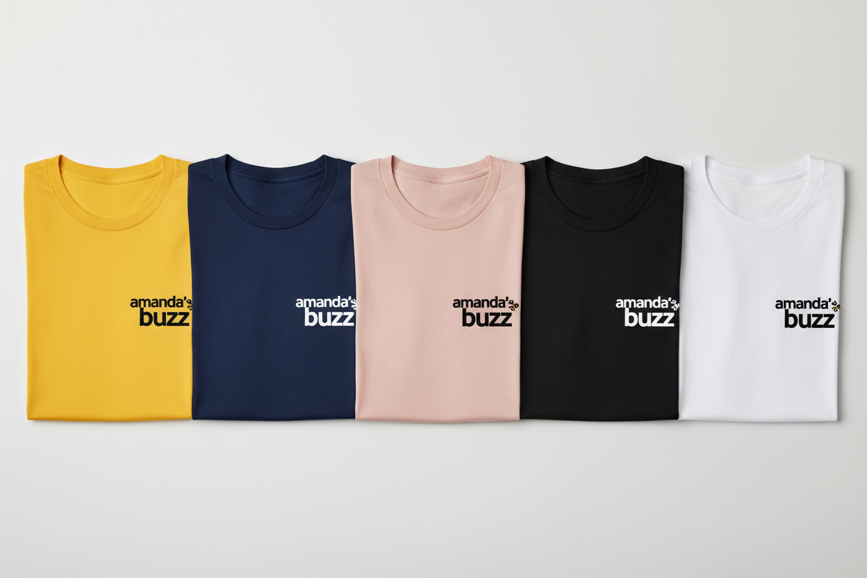business tshirts in colors of yellow, blue, pink, black and white with "amanda's buzz" logo on front of chest