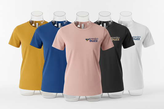 business tshirts in colors of yellow, blue, pink, black and white with "amanda's buzz" logo on front of chest