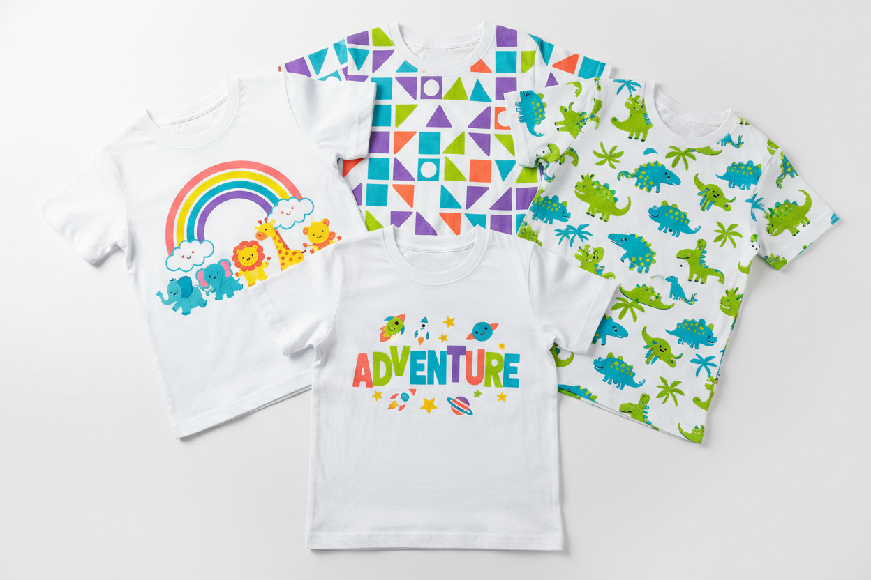 childrens tshirts sublimated designs on white
