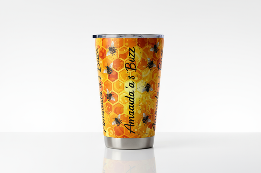 custom 20 oz sublimated tumbler for "amanda's buzz" company