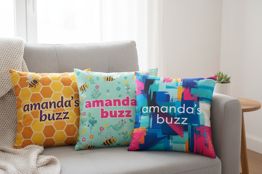 custom sublimated pillows with "amanda's buzz"