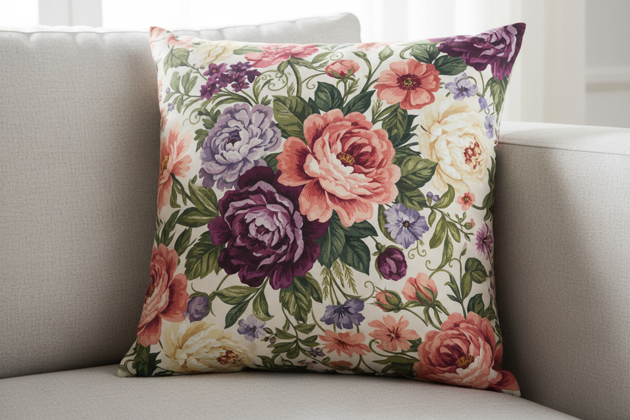 custom sublimated throw pillow with floral design