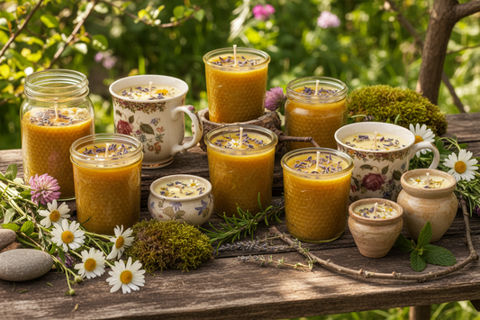 herbal infused beeswax candles in mason jars, mugs and all natural settings
