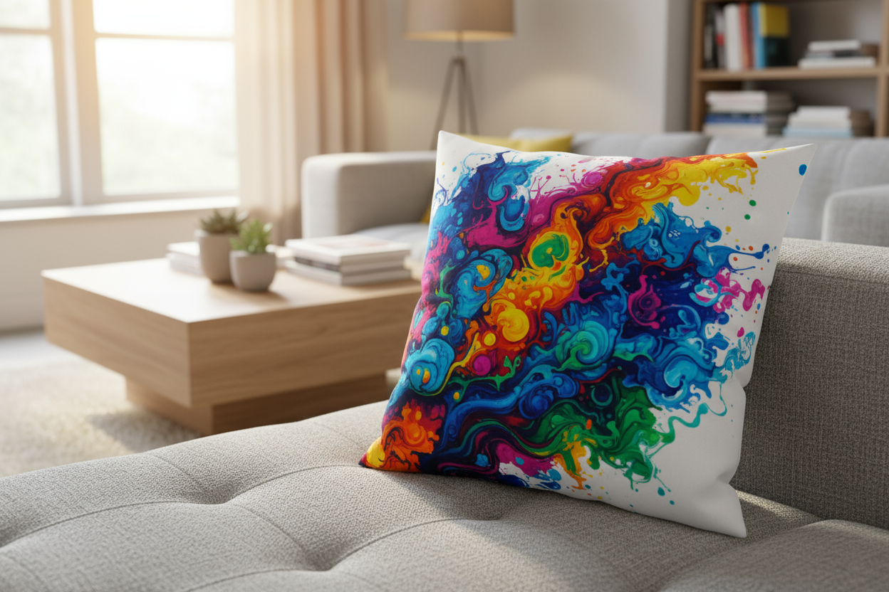 SUBLIMATED DESIGN ON WHITE PILLOW CASE, THROW PILLOW IS ON SOFA