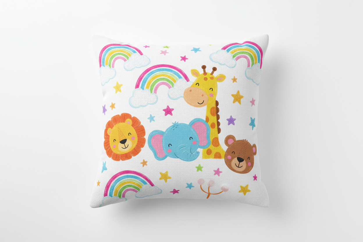 SUBLIMATED DESIGN ON WHITE THROW PILLOW, FOR A CHILD IN A CHILDS PLAYROOM