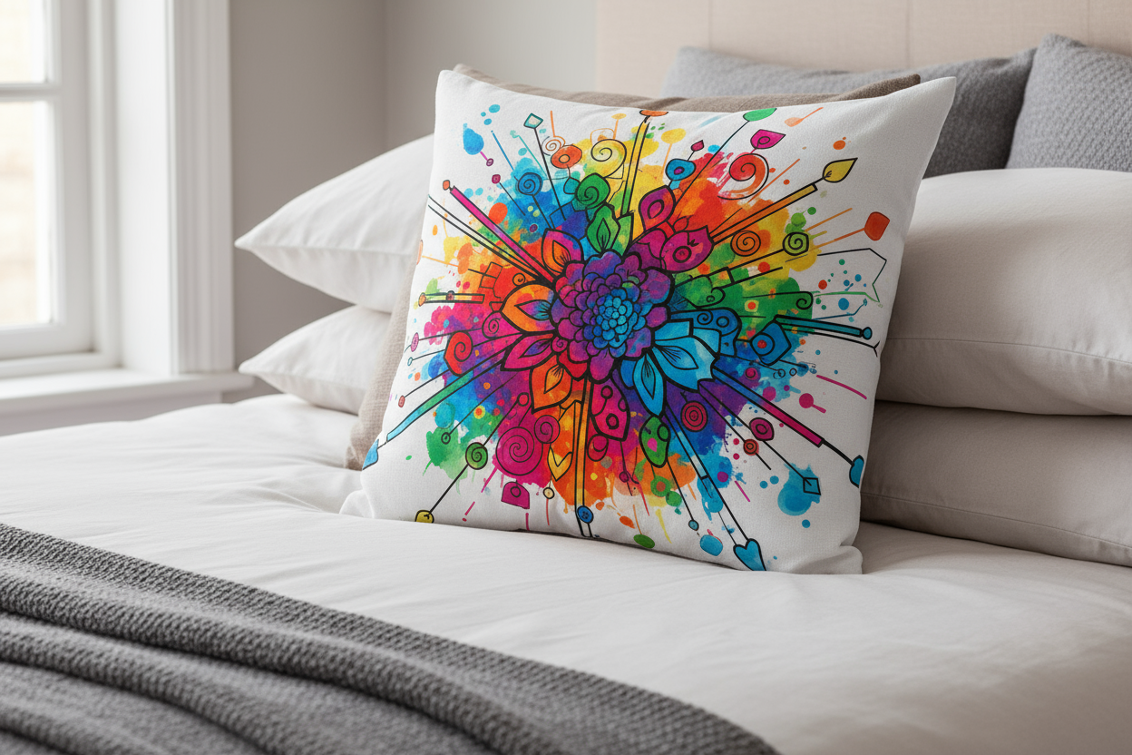SUBLIMATED DESIGN ON WHITE THROW PILLOW, ON A BED