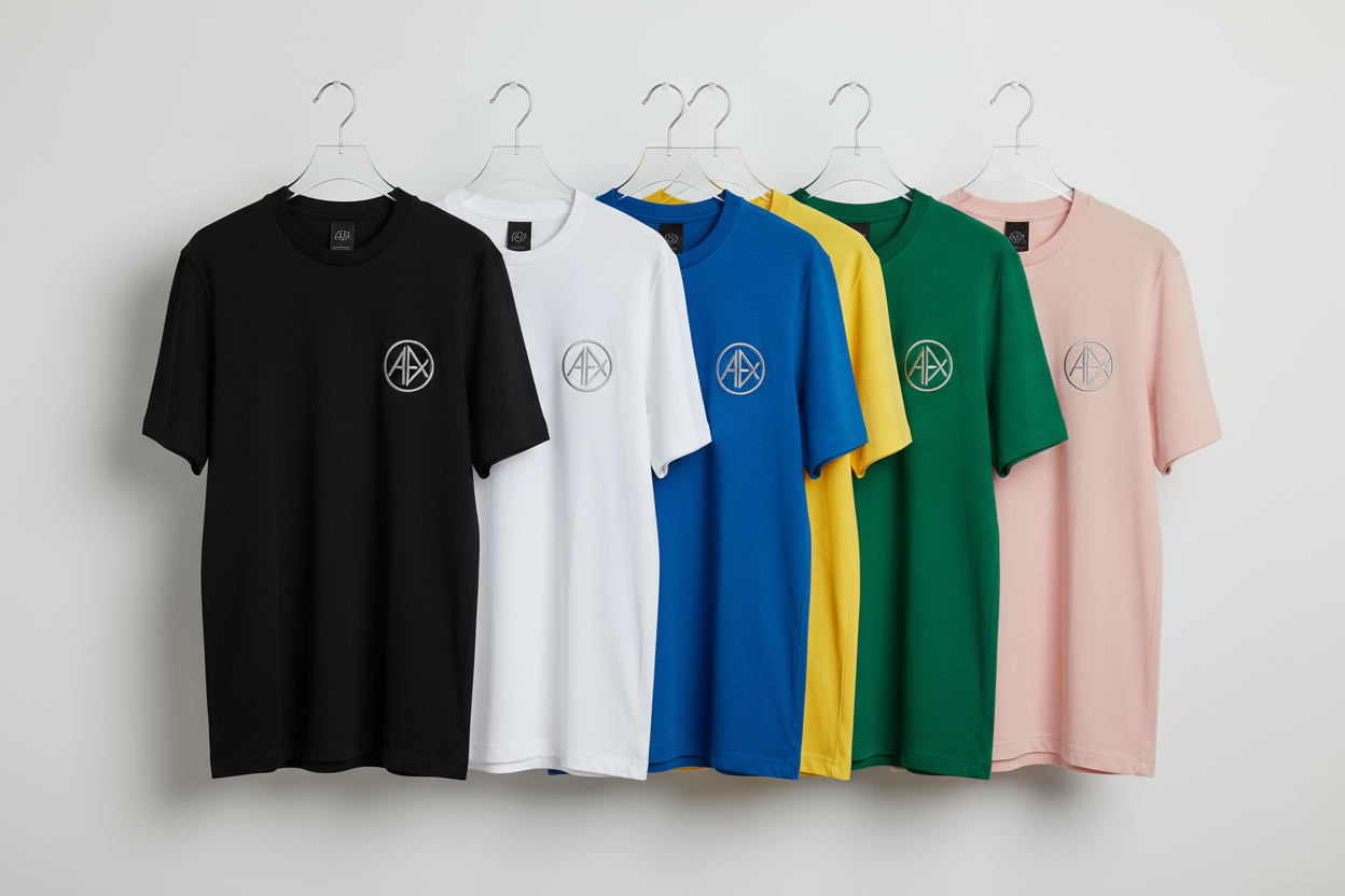 tshirts with business logo on chest in black, white, blue, yellow, green or pink
