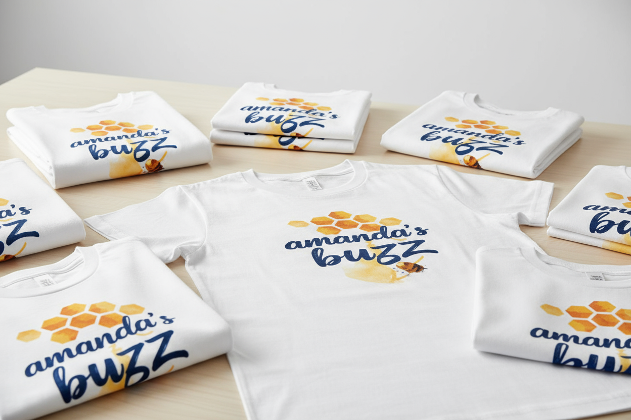 white tshirts sublimated with "amanda's buzz"