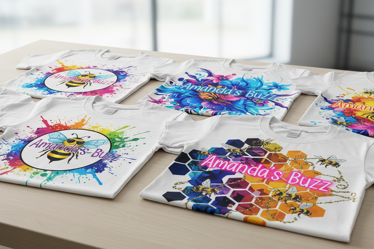 white tshirtts with sublimation designs on them of "amanda's buzz" 